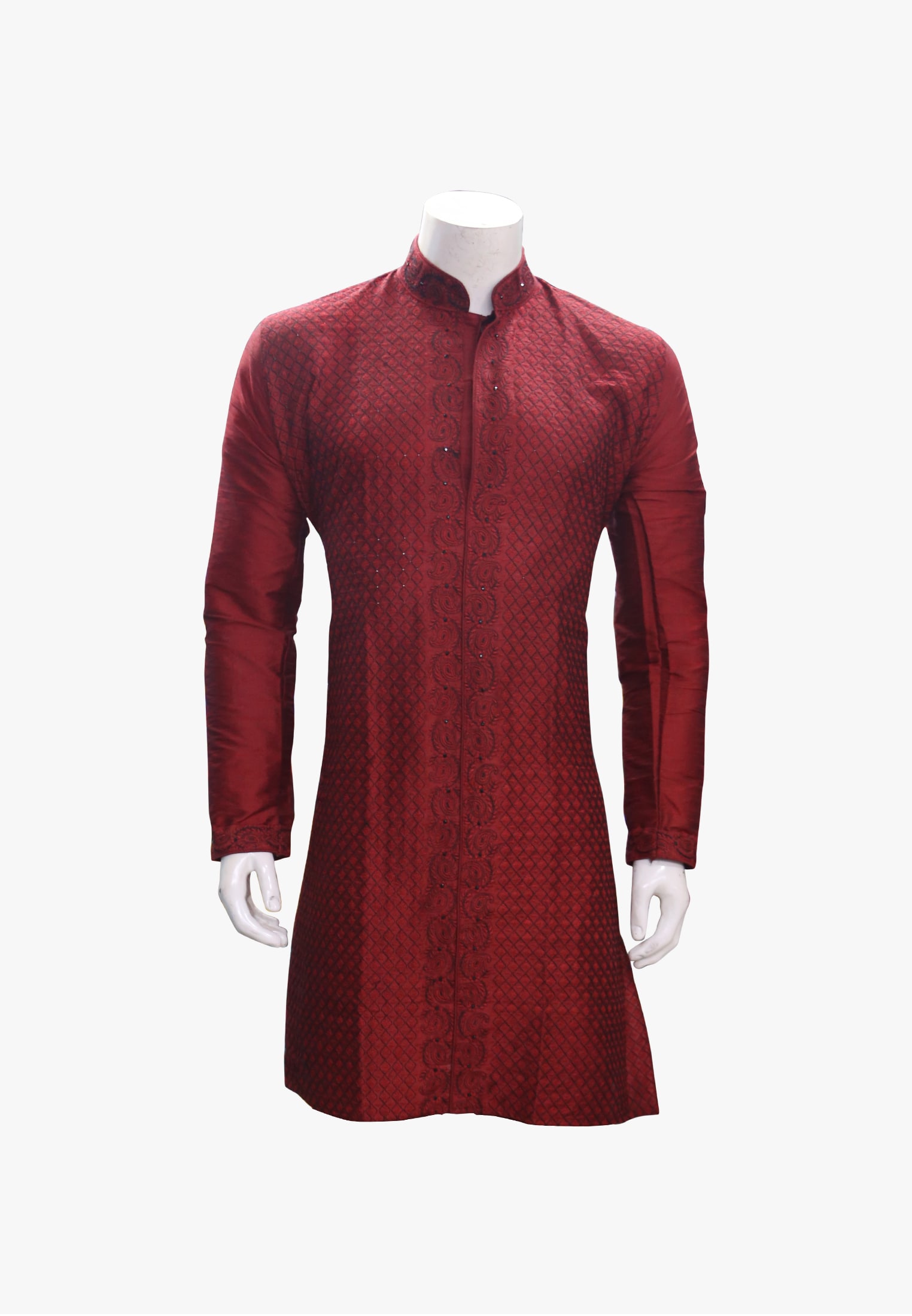 Maroon-velvet katan panjabi