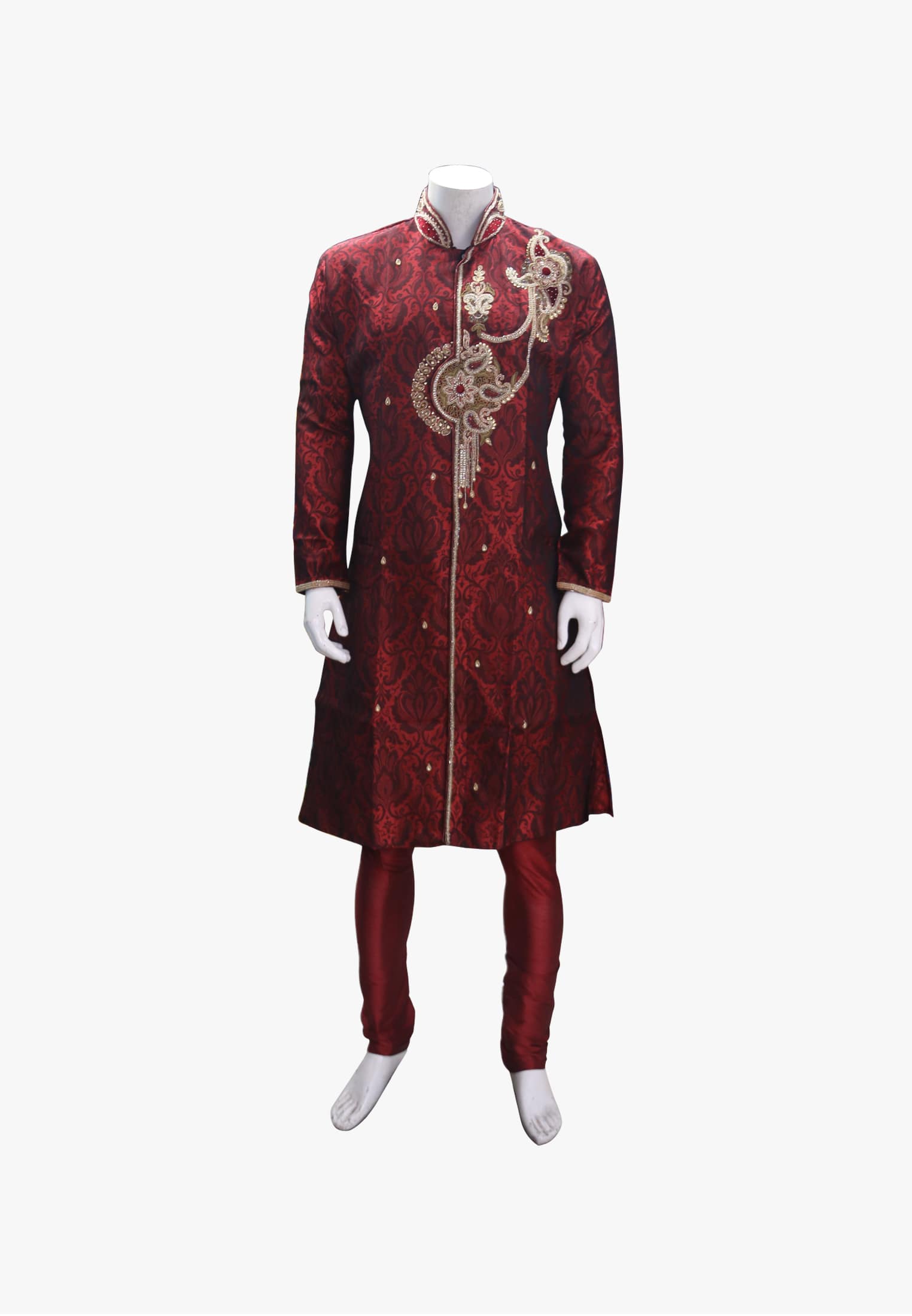 Maroon stone karchupi wedding sherwani