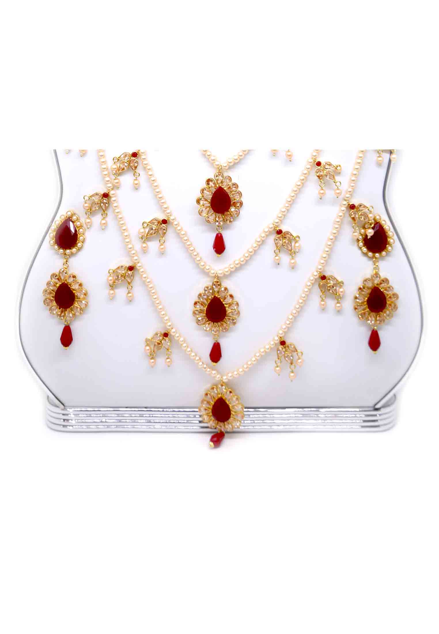 Maroon stone white pearl wedding lahori set