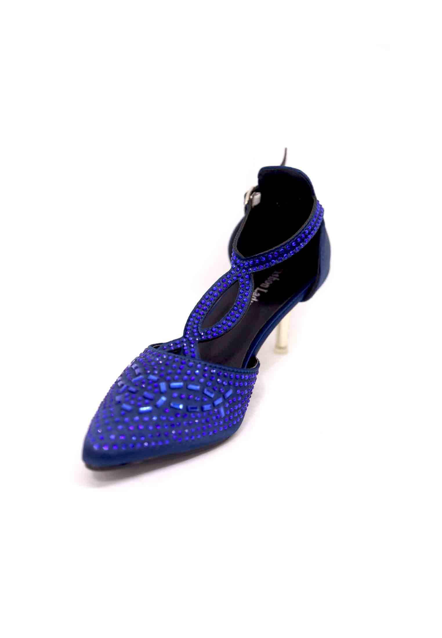 Blue-maroon-golden artificial leather stone pencil heel