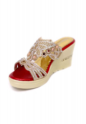 Red artificial leather stone boston heel