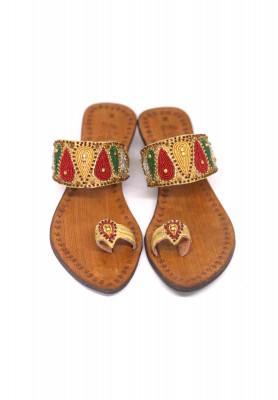 Golden leather karchupi kolapuri heel