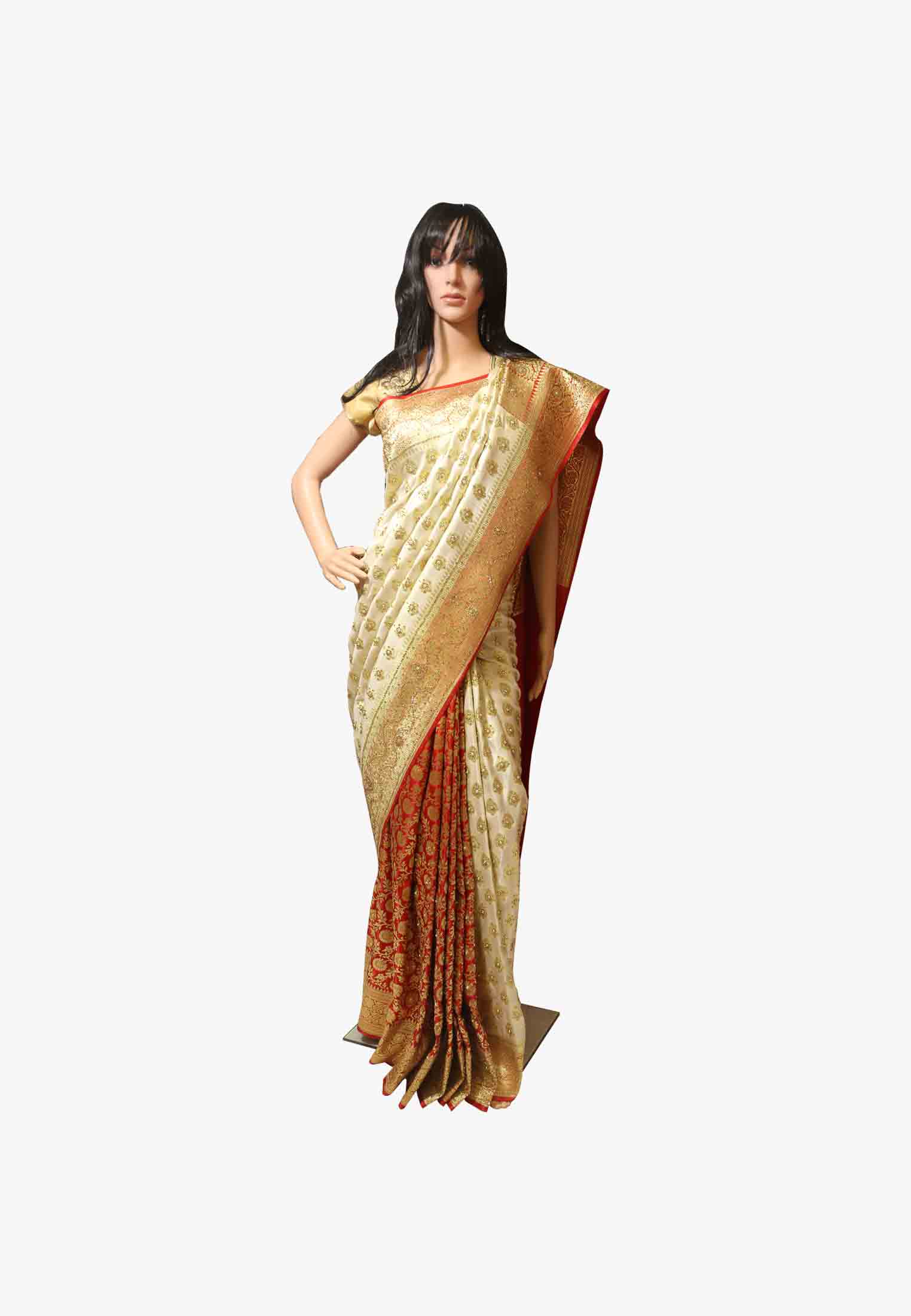 Golden katan lock stone wedding saree