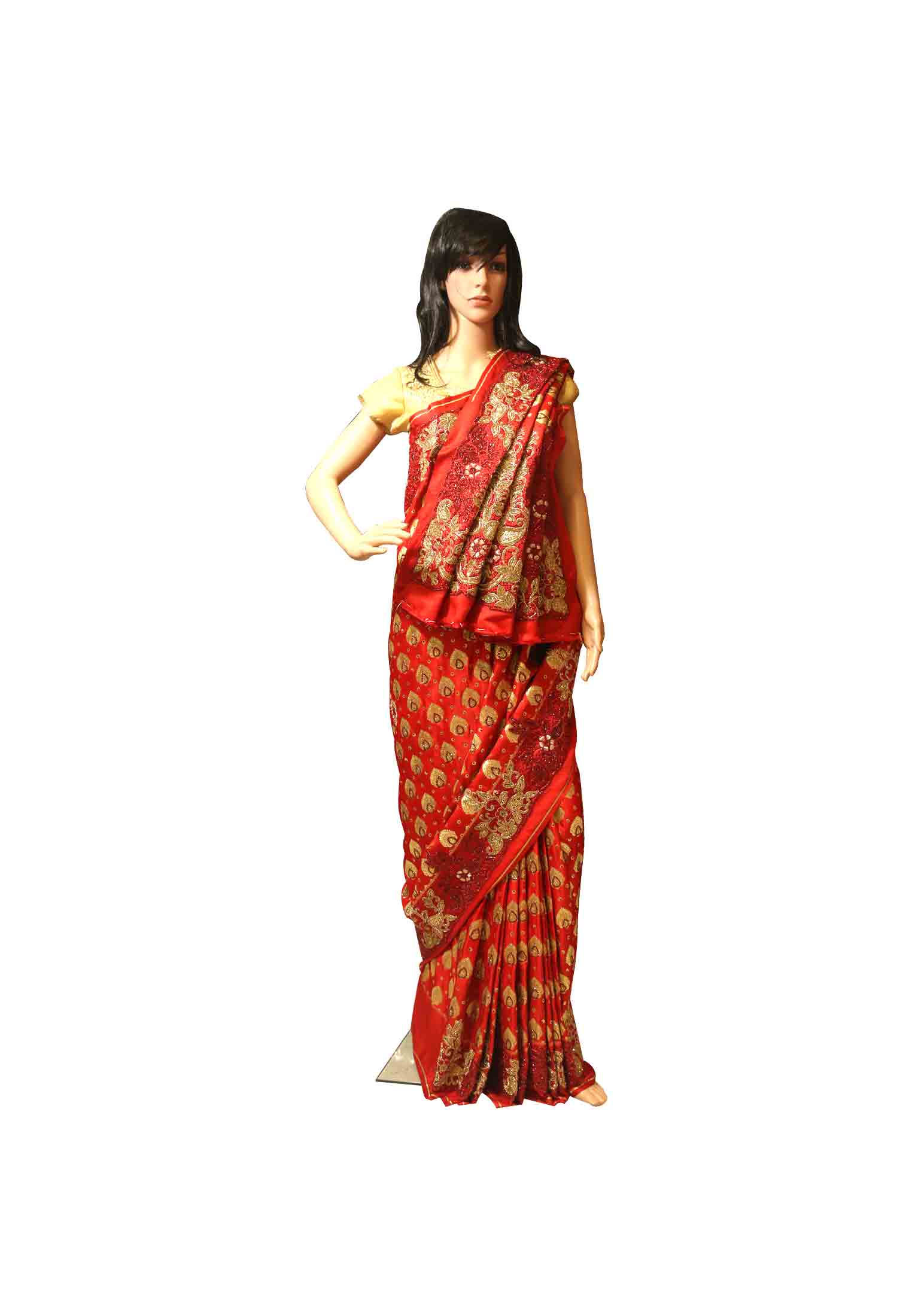 Red katan real stone zardoshi saree