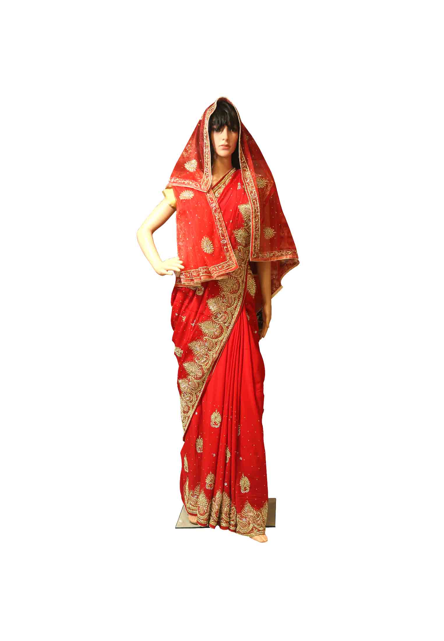 Red real golden stone zardosi border saree