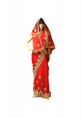 Red real golden stone zardosi border saree