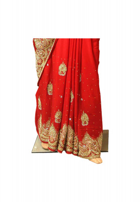Red real golden stone zardosi border saree