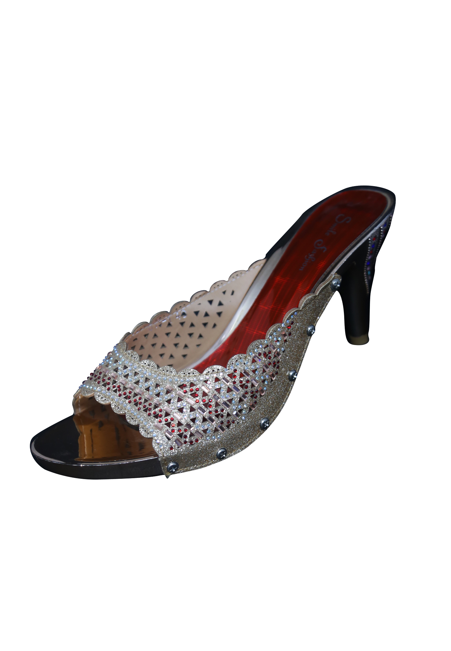 Golden and Maroon Pencil Heel Shoes