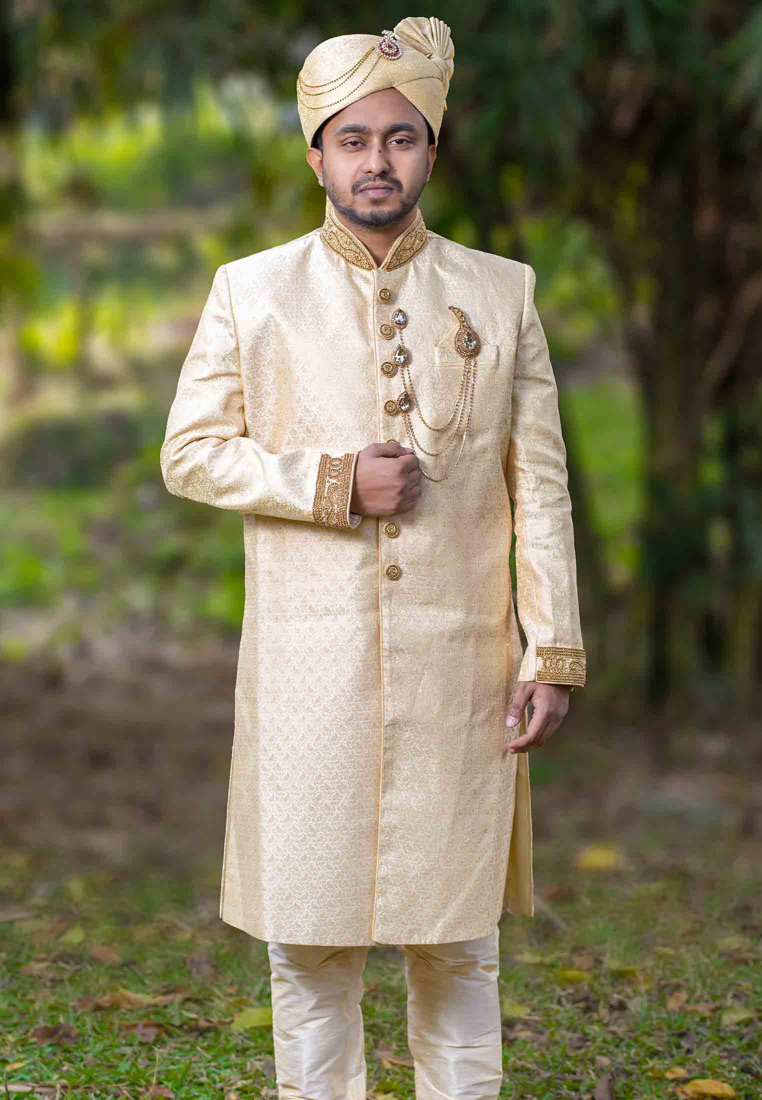 Unique Golden base Sherwani for Rent