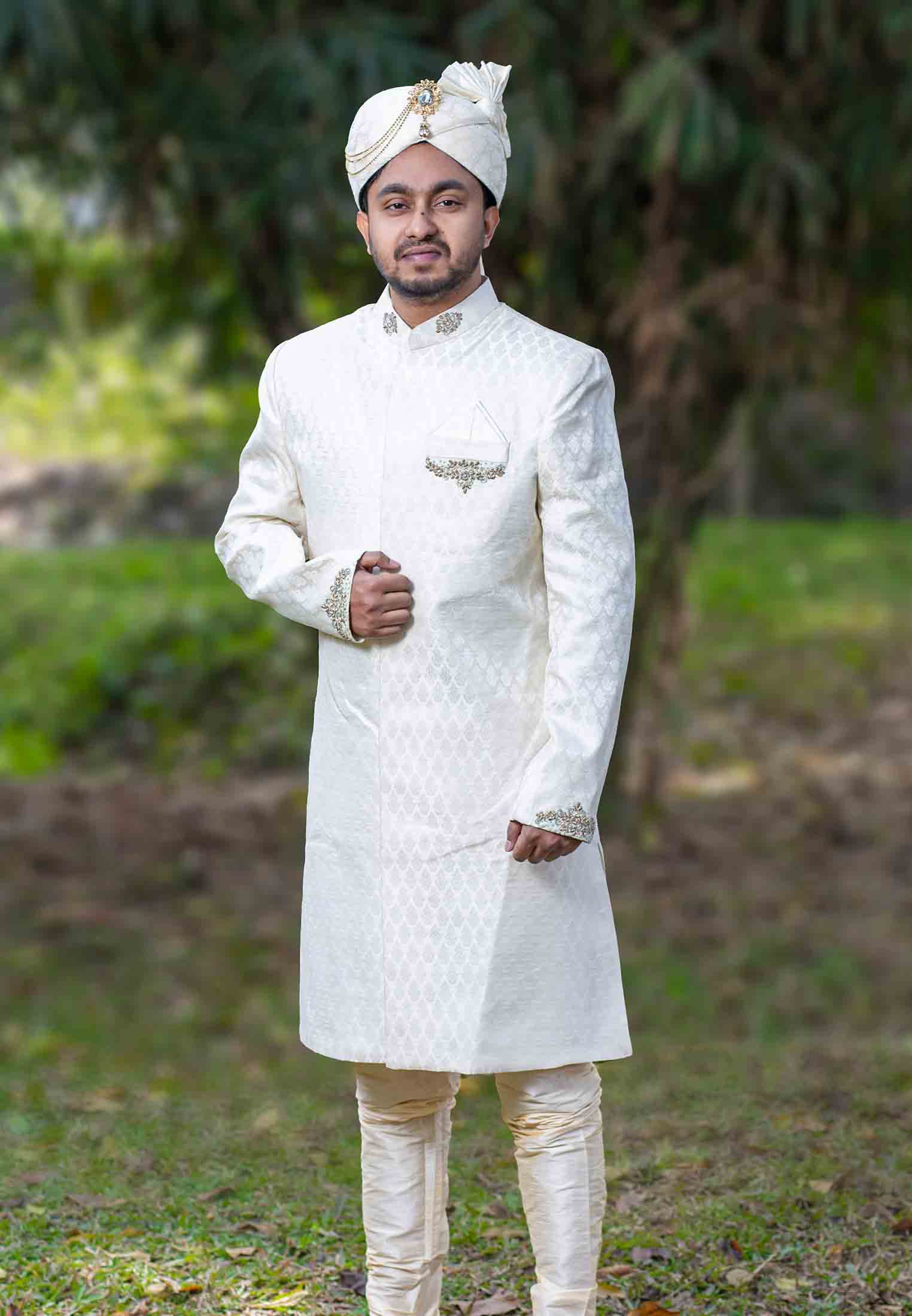 Off white Matching print Sherwani
