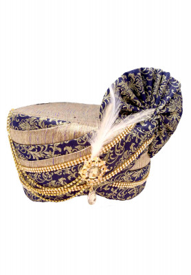 Blue and Golden Wedding Pagri Made of Katan