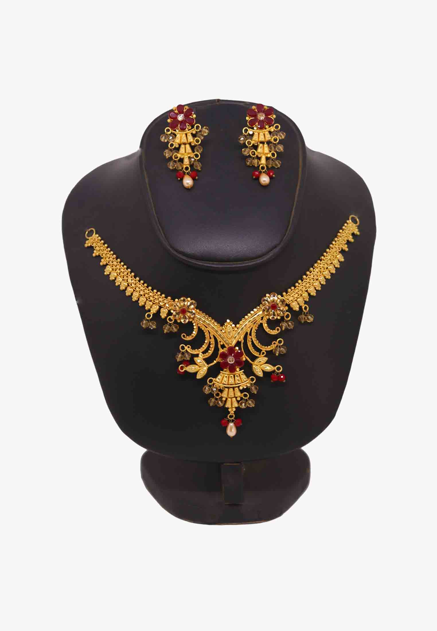 V Shaped Necklace with Ruby and Pearl