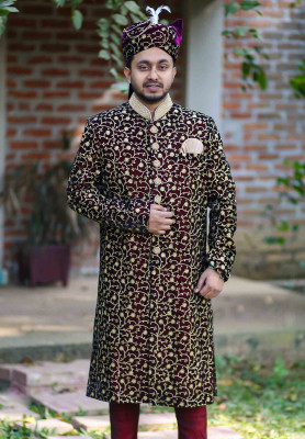 Maroon black Color Sherwani for Rent