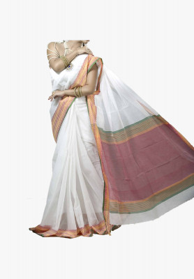 white with Multi-color cotton silk Saree
