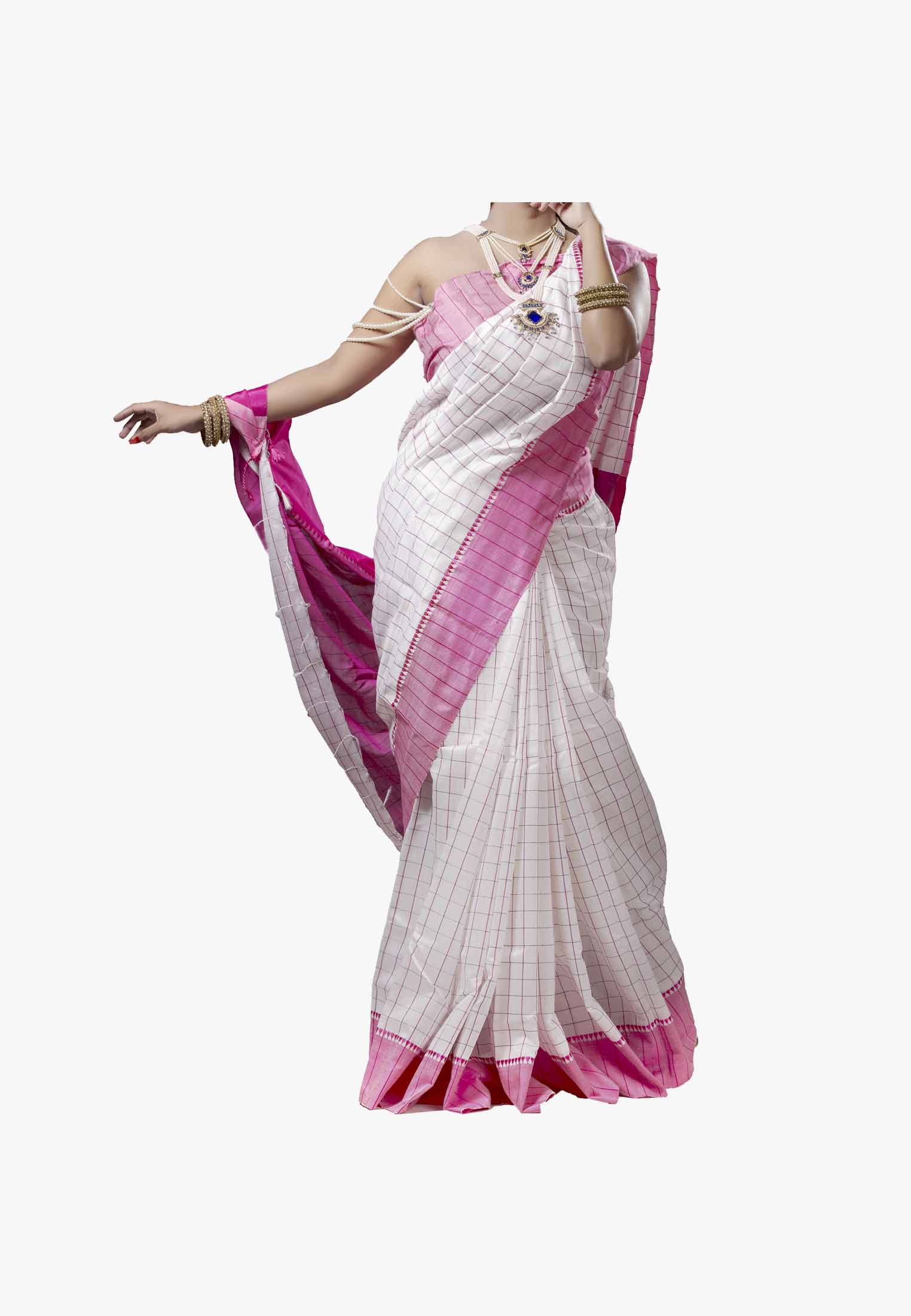 white with Multi-color cotton silk Saree