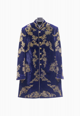 Blue velvet puti short sherwani 