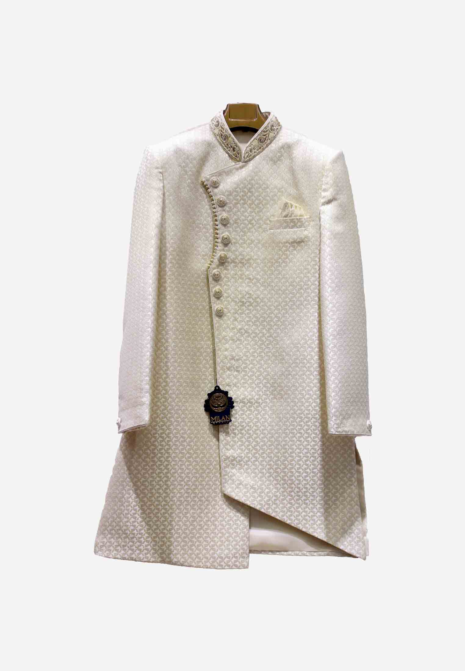 Katan silk print short sherwani