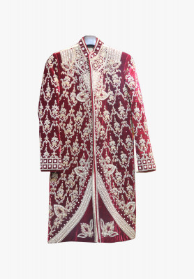 Deep maroon velvet wedding sherwani