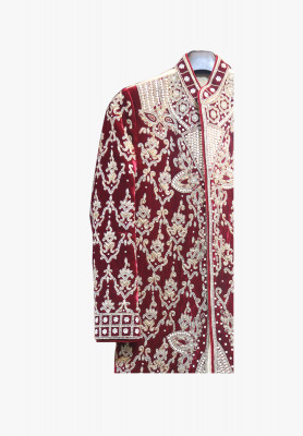 Deep maroon velvet wedding sherwani