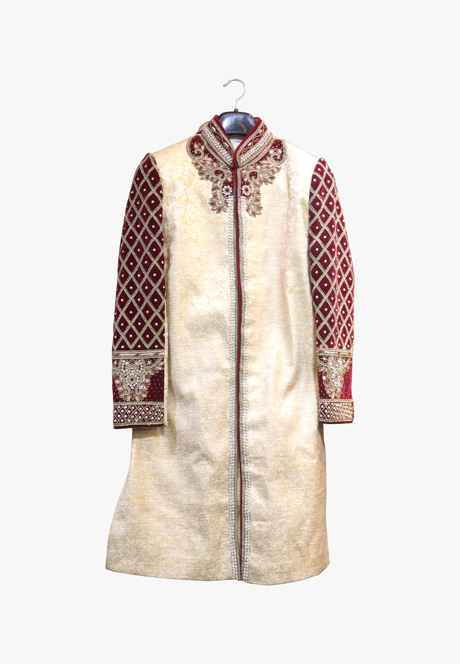 Deep golden katan wedding sherwani
