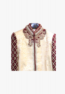 Deep golden katan wedding sherwani 